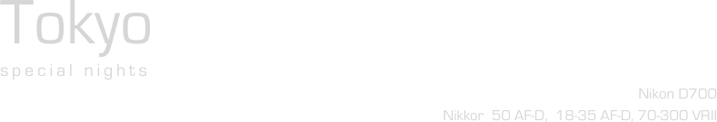 Tokyo
special nights
Nikon D700
Nikkor  50 AF-D,  18-35 AF-D, 70-300 VRII